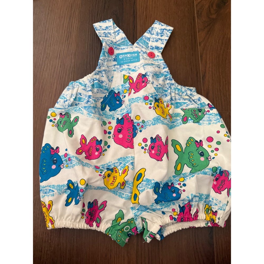 90s OshKosh B'gosh Multicolor Tropical Fish Print Bubble Overalls Blue Accents